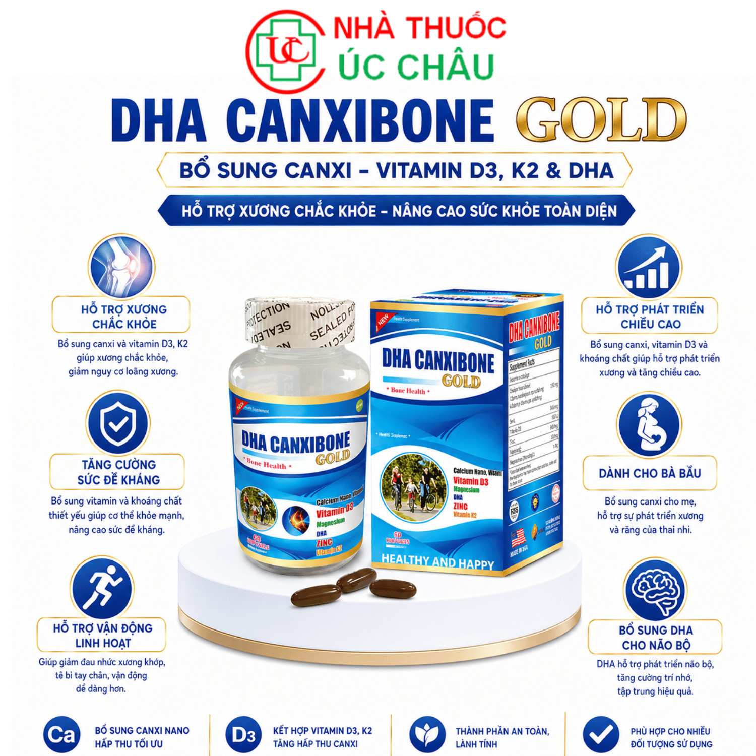 DHA Canxibone Gold Mỹ – Bổ Sung Canxi Nano, DHA, Vitamin D3 K2 Giúp Xương Chắc Khỏe, Tăng Chiều Cao Cho Trẻ Và Phòng Ngừa Loãng Xương (Hộp 60 viên)